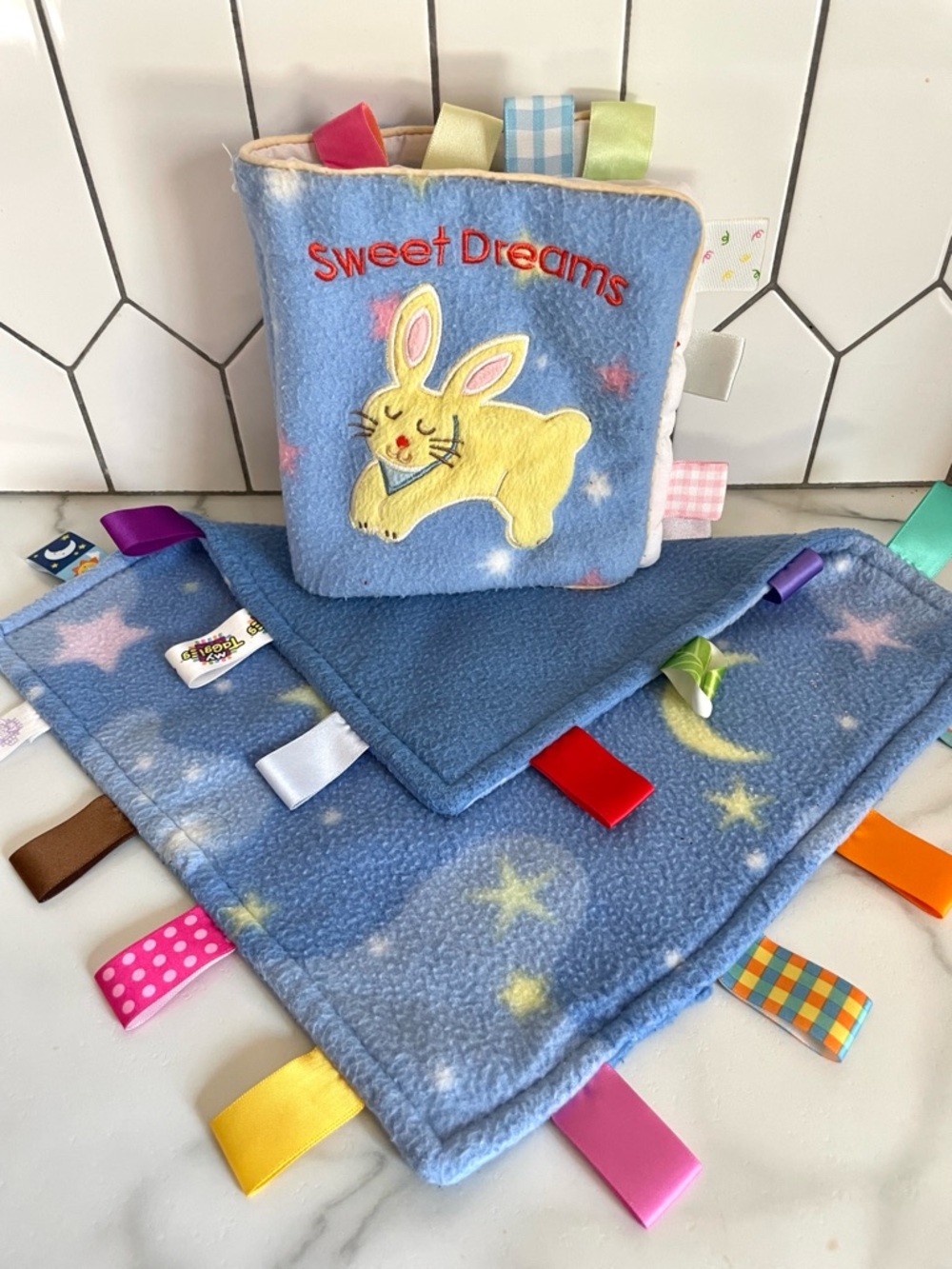 Taggies "Sweet Dreams" Cloth Baby Book & Blue Moon & Stars Tag Security Blanket
